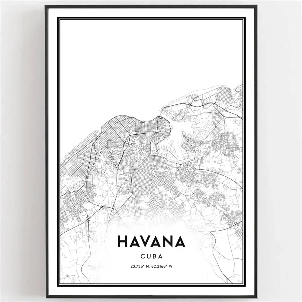 Cuba Havana Black & White Travel Poster Canvas Wall Art Print