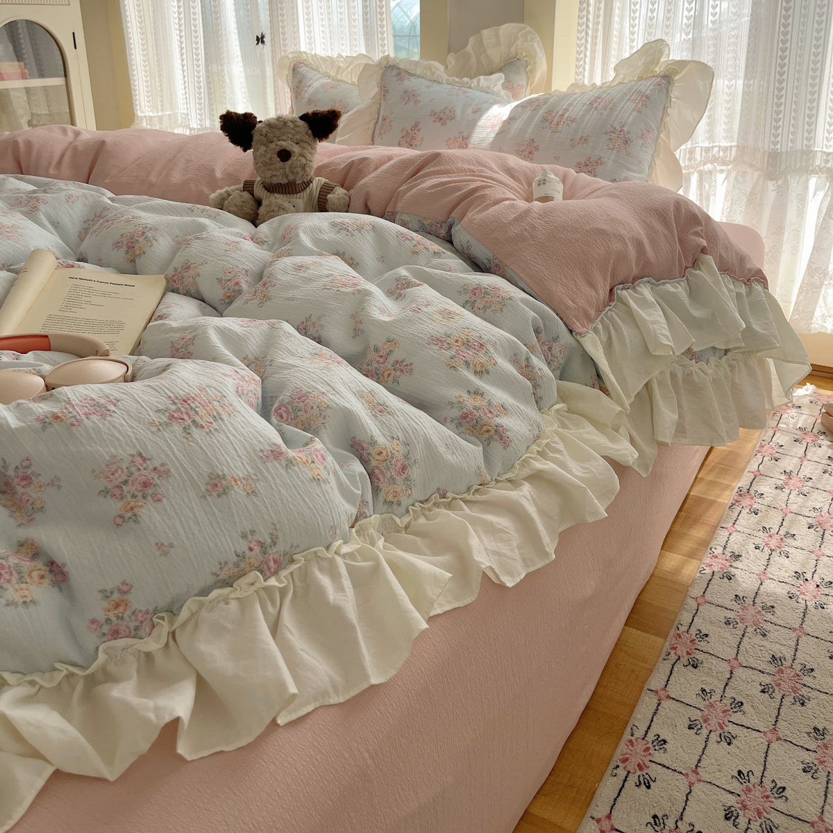 Decorative Ruffled Floral Bedding Set Homeandso