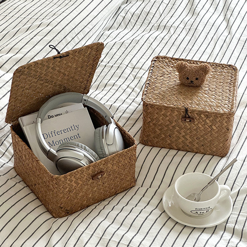 Charming Woven Storage Basket with Bear Lid