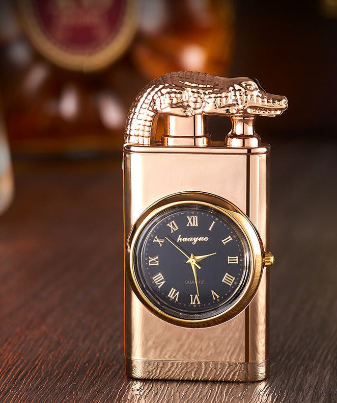 Lighter with quartz clock, metal punch, windproof lighter with blue flame and alligator head