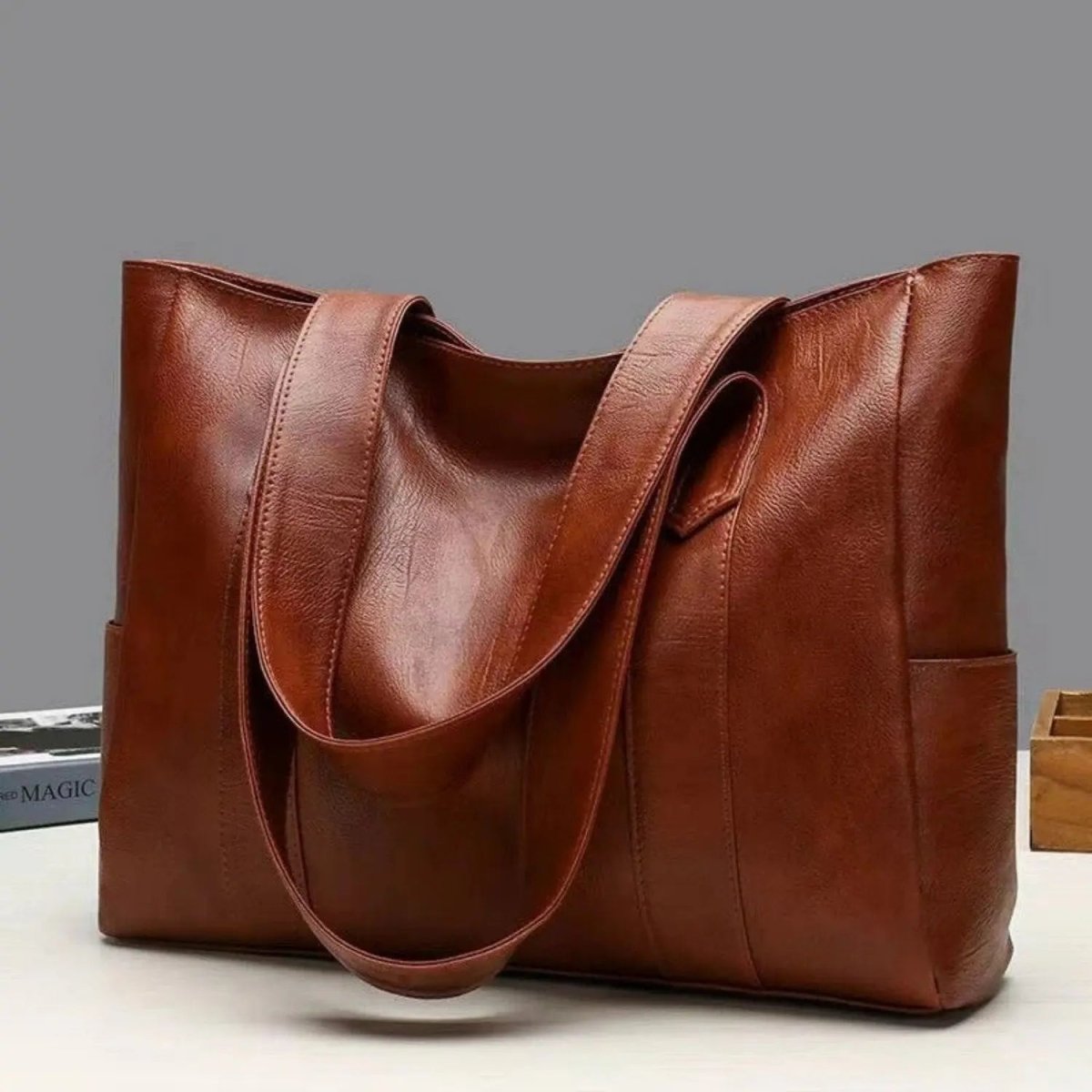 Leather-effect shoulder bag with smooth PU surface, 28 x 36 x 10 cm