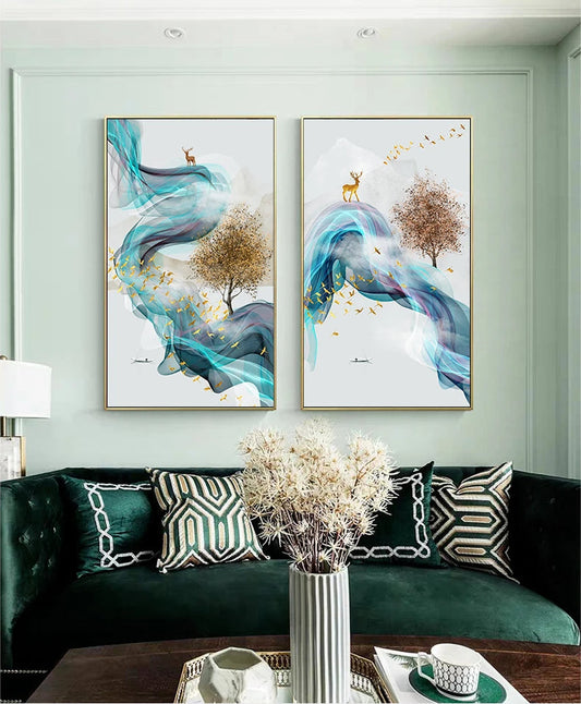 Auspicious Golden Deer Flowing Abstract Landscape Wall Art Fine Art Canvas Prints Inspirational Pictures For Living Room Dining Room Art Decor | Home&so-Homeandso