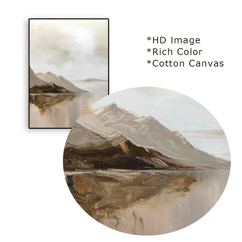 Big Sizes Mountain Lake Landscape Wall Art Fine Art Canvas Prints Brown Beige Grey Neutral Color Textural Abstract Picture For Living Room Entranceway Foyer Art Decor | Home&so-Homeandso
