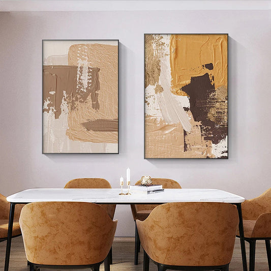 Elegant Earth Tones Abstract Brush Texture Wall Art Fine Art Canvas Prints Triple Harmony of Mustard Yellow, Brown, and Beige – Contemporary Wall Art for Modern Home Decor | Home&so-Homeandso
