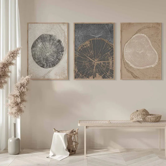 Rustic Tree Rings Abstract Nordic Wall Art Fine Art Canvas Prints Neutral Tones Beige/Gray/Black Wood Pictures For Living Room Dining Room Art Decor | Home&so-Homeandso