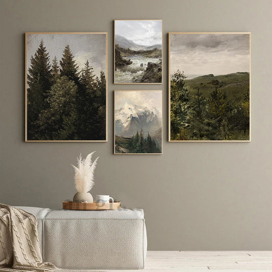 Rustic Vintage Landscape Oil Painting Mountain Forest Wall Art Fine Art Canvas Prints Gallery Wall Pictures For Living Room Dining Room Art Decoration | Home&so-Homeandso