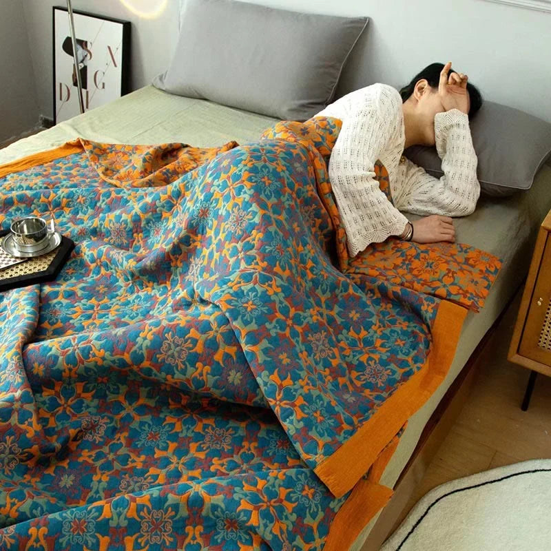 Blue patterned six-layer cotton blanket – TerraLoom comfort blanket