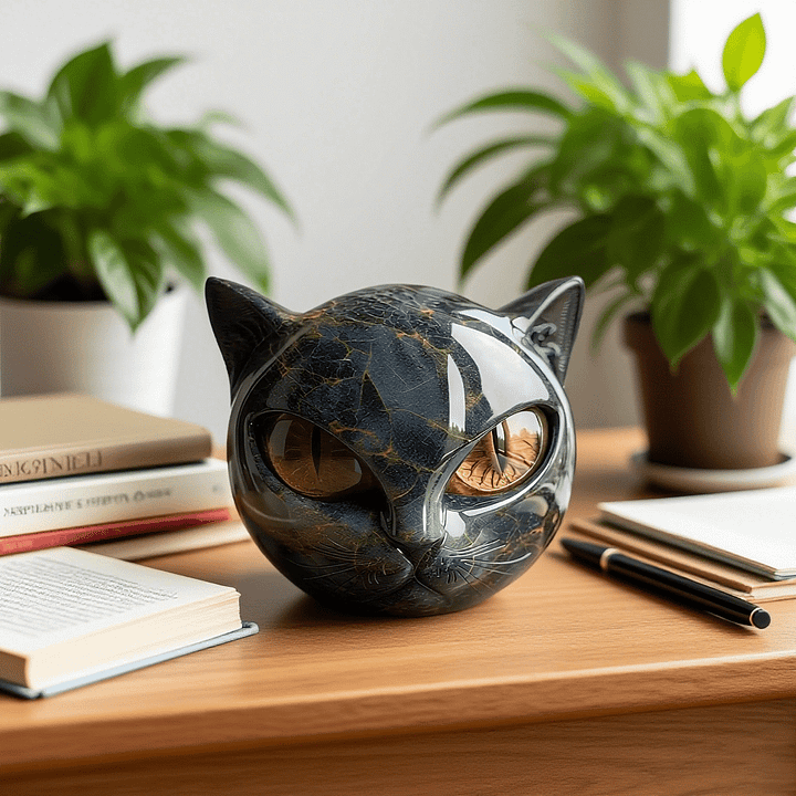 NoirCat Sculpture – Black Cat Head with Hypnotizing Eyes