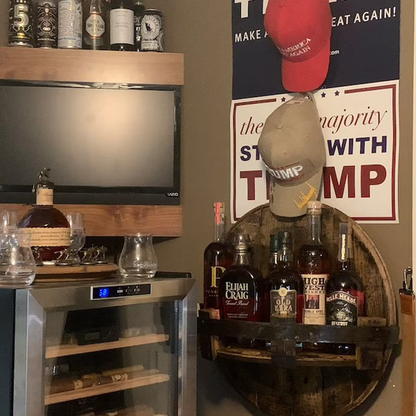 Whiskey barrel wall shelf | Rustic solid wood design | Round
