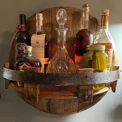 Whiskey barrel wall shelf | Rustic solid wood design | Round