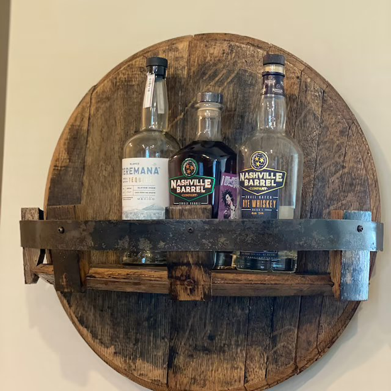 Whiskey barrel wall shelf | Rustic solid wood design | Round