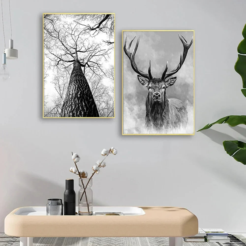 Black & White Wilderness Deer Eagle Landscape Canvas Wall Art Decor