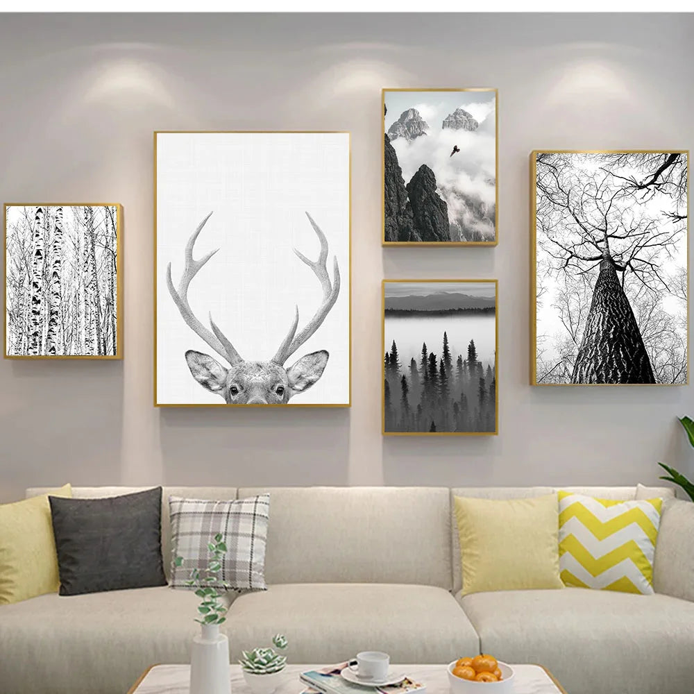 Black & White Wilderness Deer Eagle Landscape Canvas Wall Art Decor