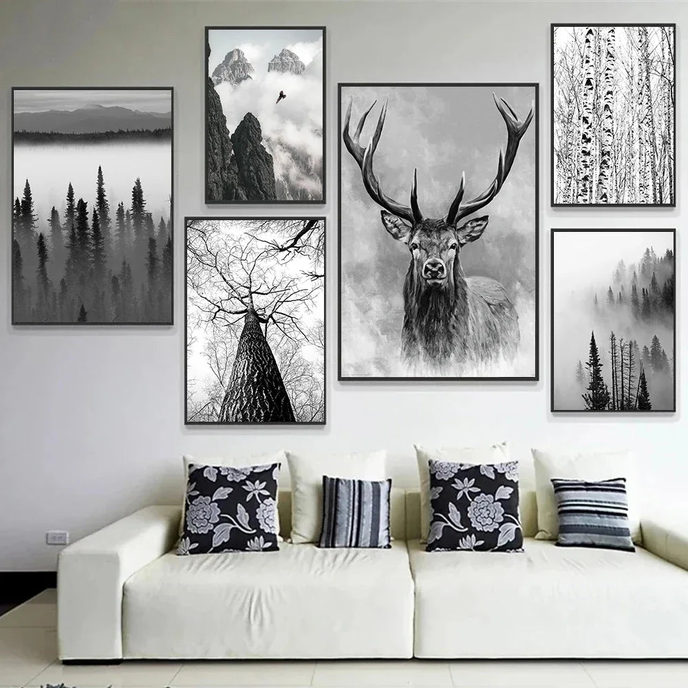Black & White Wilderness Deer Eagle Landscape Canvas Wall Art Decor