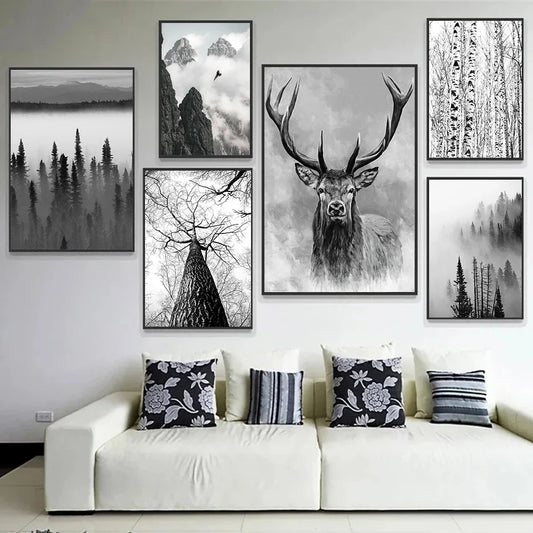 Black & White Wilderness Deer Eagle Landscape Canvas Wall Art Decor