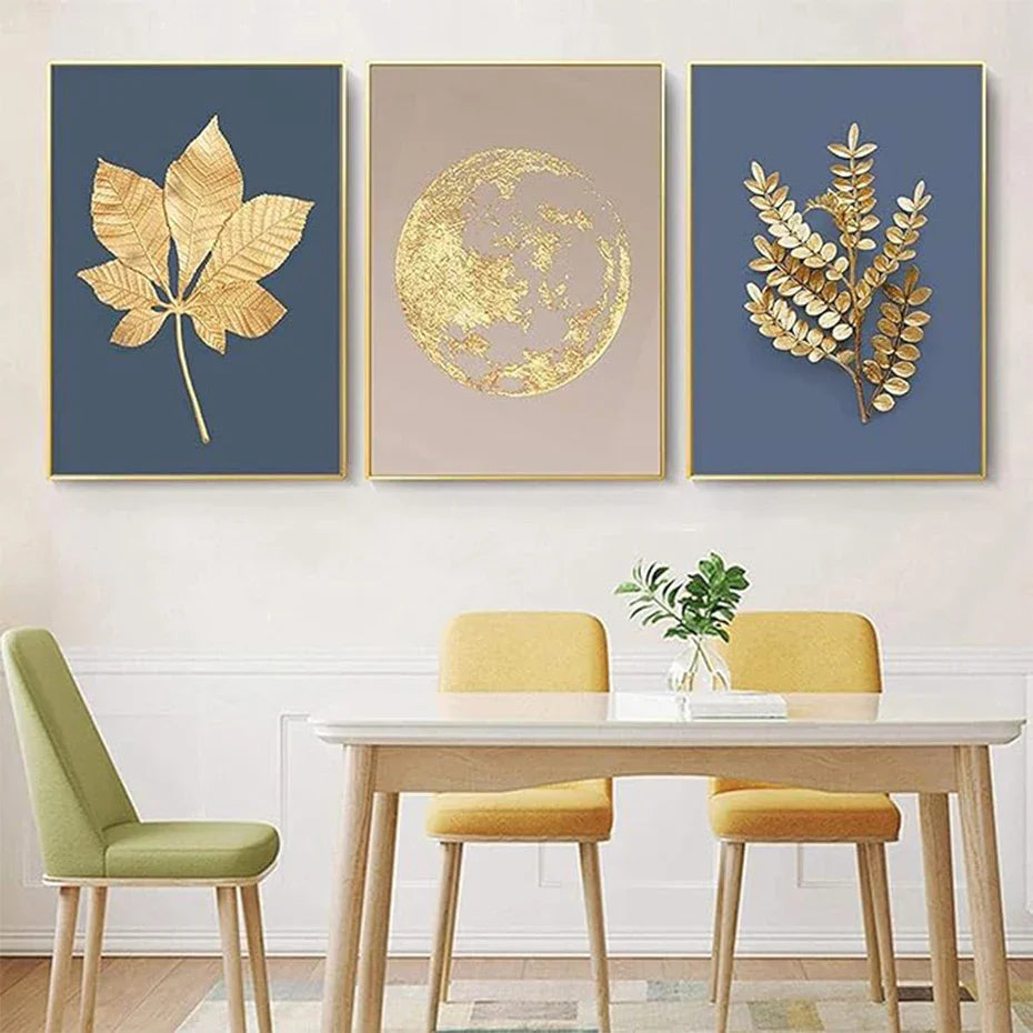 Blue Minimalist Golden Abstract Floral Canvas Art for Luxury Decor