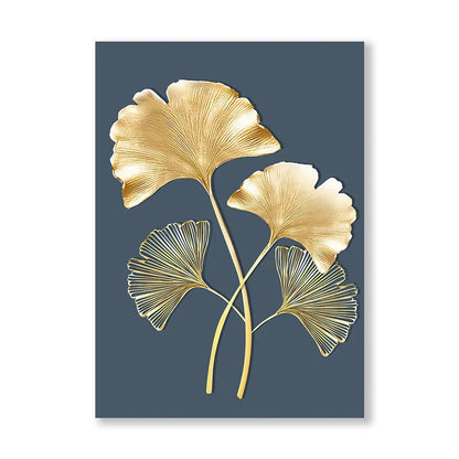 Blue Minimalist Golden Abstract Floral Canvas Art for Luxury Decor