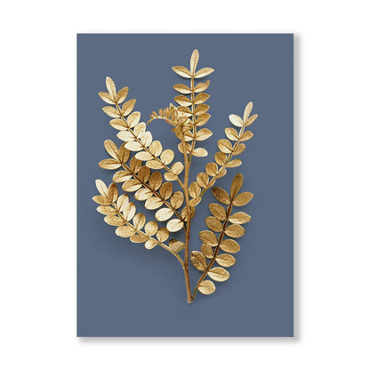 Blue Minimalist Golden Abstract Floral Canvas Art for Luxury Decor