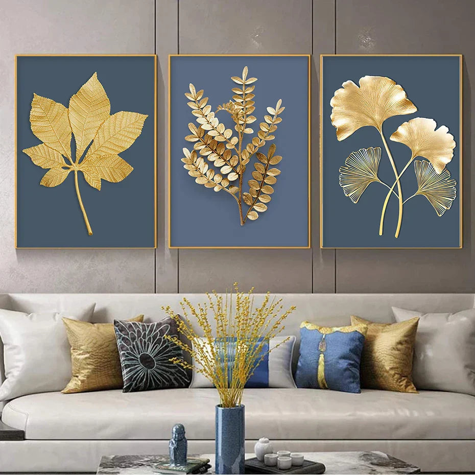 Blue Minimalist Golden Abstract Floral Canvas Art for Luxury Decor