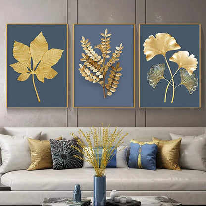 Blue Minimalist Golden Abstract Floral Canvas Art for Luxury Decor