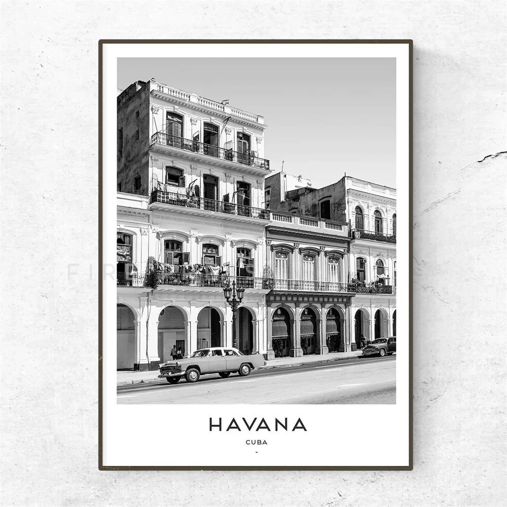 Cuba Havana Black & White Travel Poster Canvas Wall Art Print