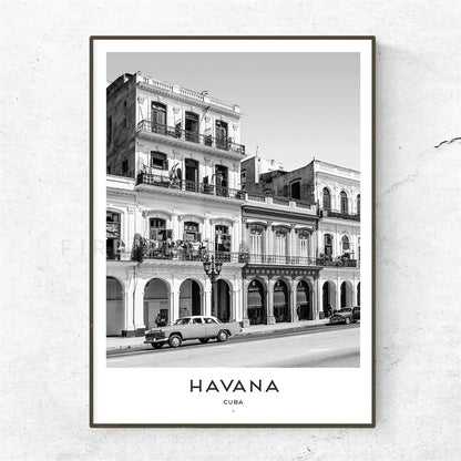 Cuba Havana Black & White Travel Poster Canvas Wall Art Print