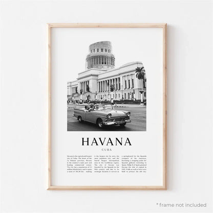 Cuba Havana Black & White Travel Poster Canvas Wall Art Print
