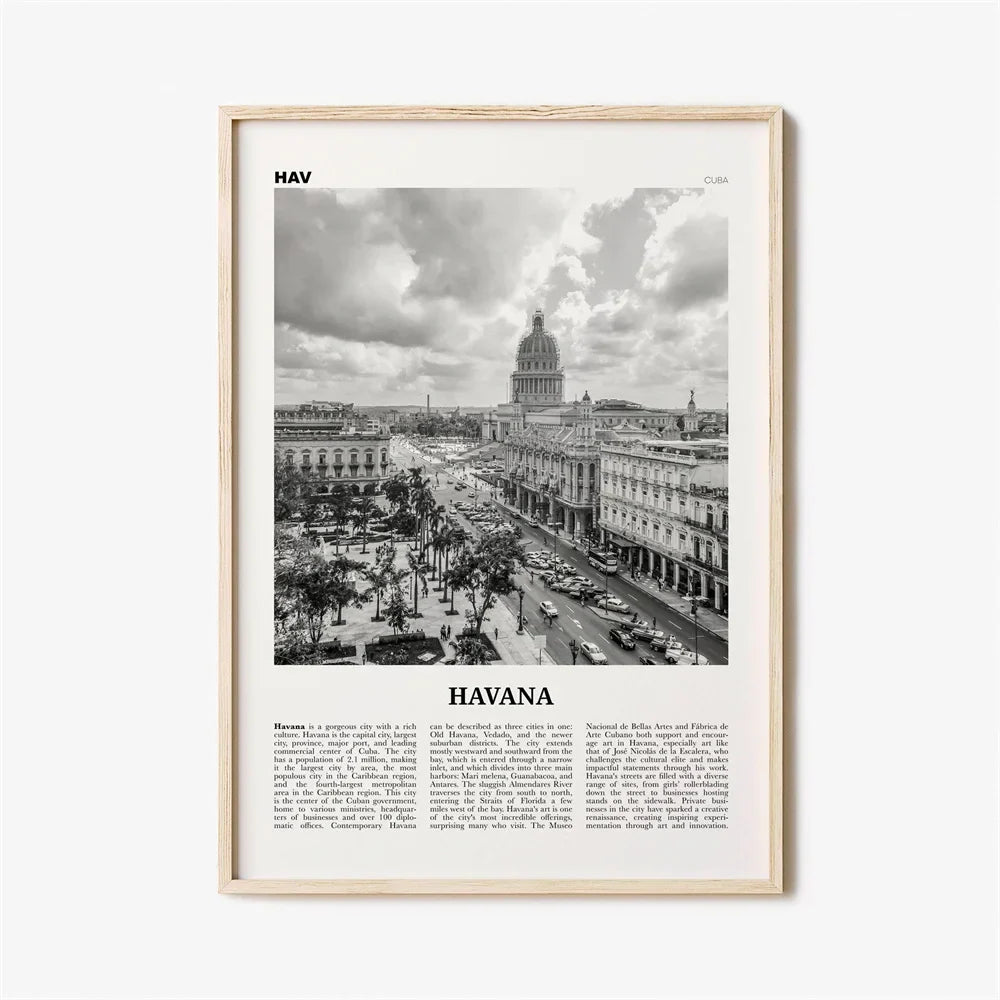 Cuba Havana Black & White Travel Poster Canvas Wall Art Print