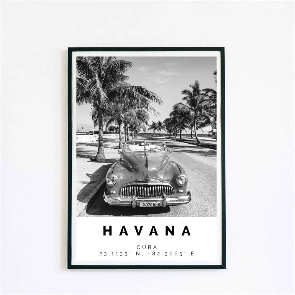 Cuba Havana Black & White Travel Poster Canvas Wall Art Print
