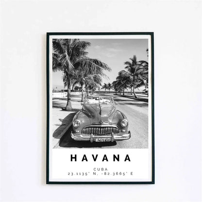Cuba Havana Black & White Travel Poster Canvas Wall Art Print