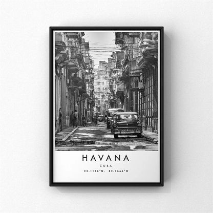 Cuba Havana Black & White Travel Poster Canvas Wall Art Print