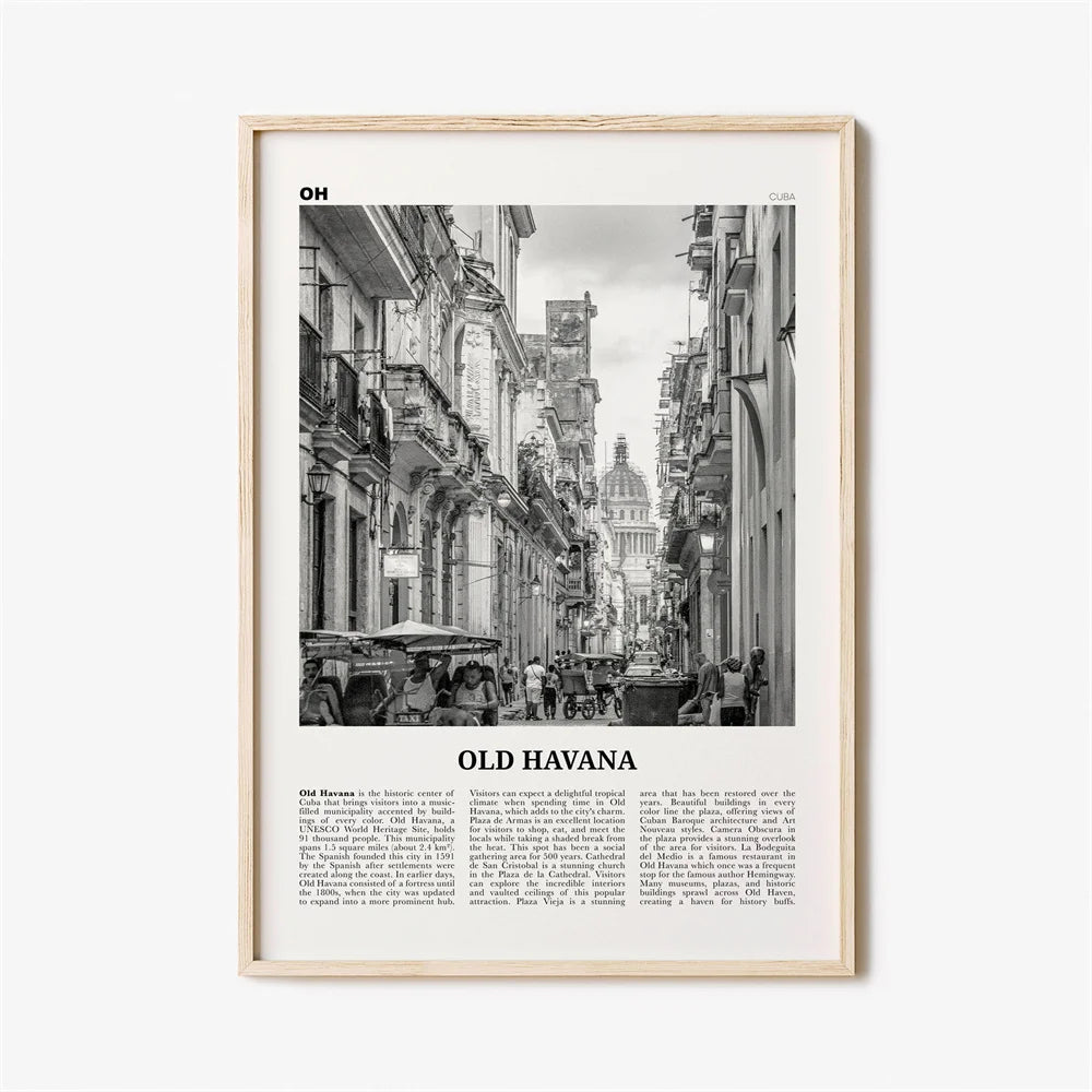 Cuba Havana Black & White Travel Poster Canvas Wall Art Print
