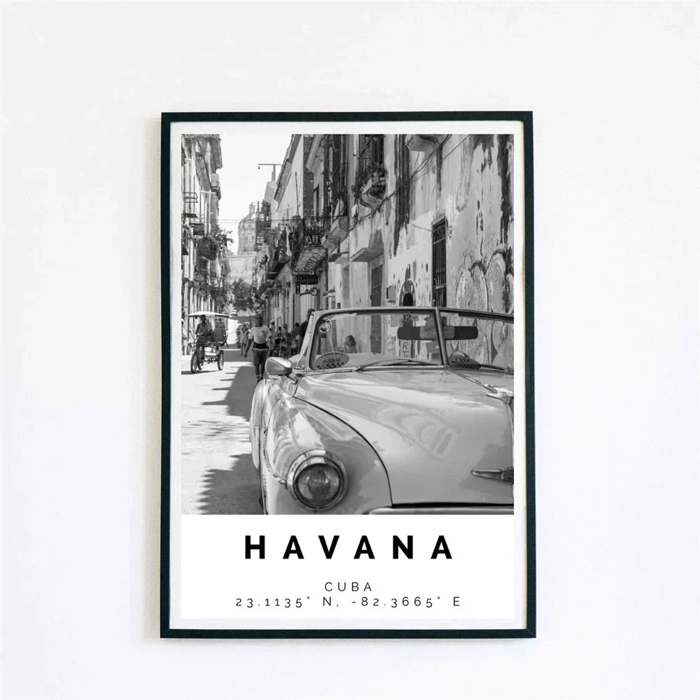 Cuba Havana Black & White Travel Poster Canvas Wall Art Print