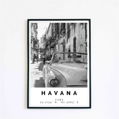 Cuba Havana Black & White Travel Poster Canvas Wall Art Print