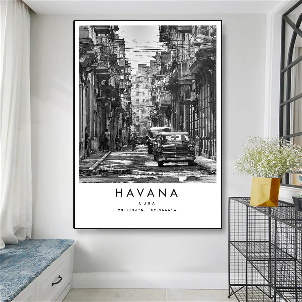 Cuba Havana Black & White Travel Poster Canvas Wall Art Print