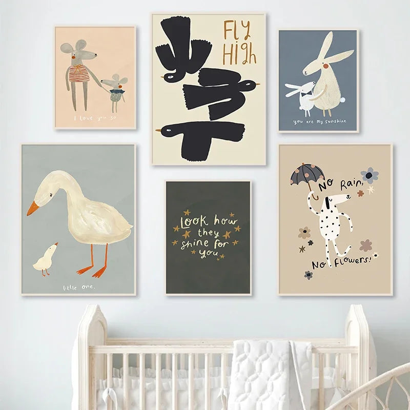 Cute Baby Animals Nursery Wall Art Canvas Prints for Kids' Room Decor