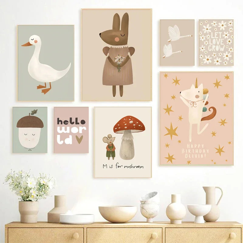 Cute Baby Animals Nursery Wall Art Canvas Prints for Kids' Room Decor