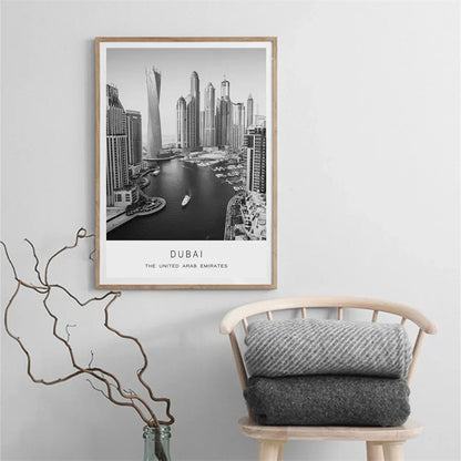 Dubai Skyline Canvas Print - Black & White Travel Wall Art Decor