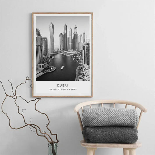 Dubai Skyline Canvas Print - Black & White Travel Wall Art Decor