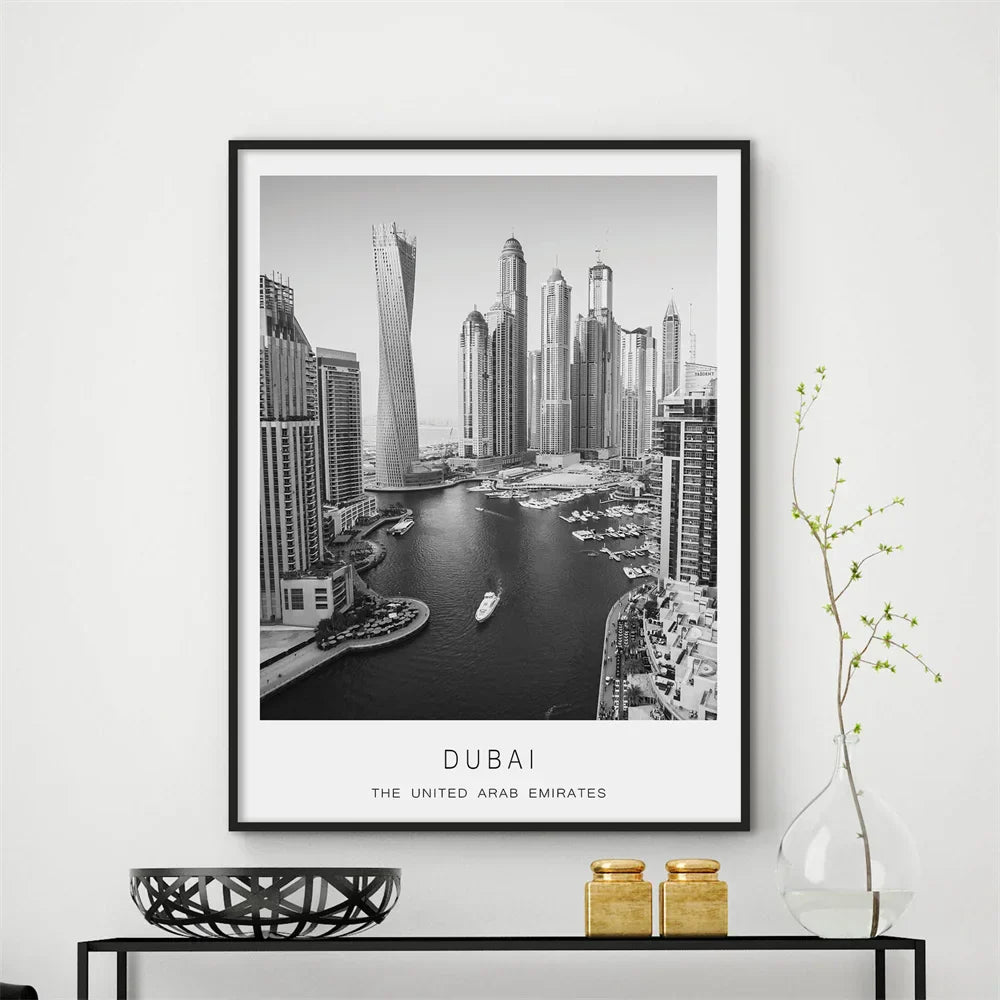Dubai Skyline Canvas Print - Black & White Travel Wall Art Decor