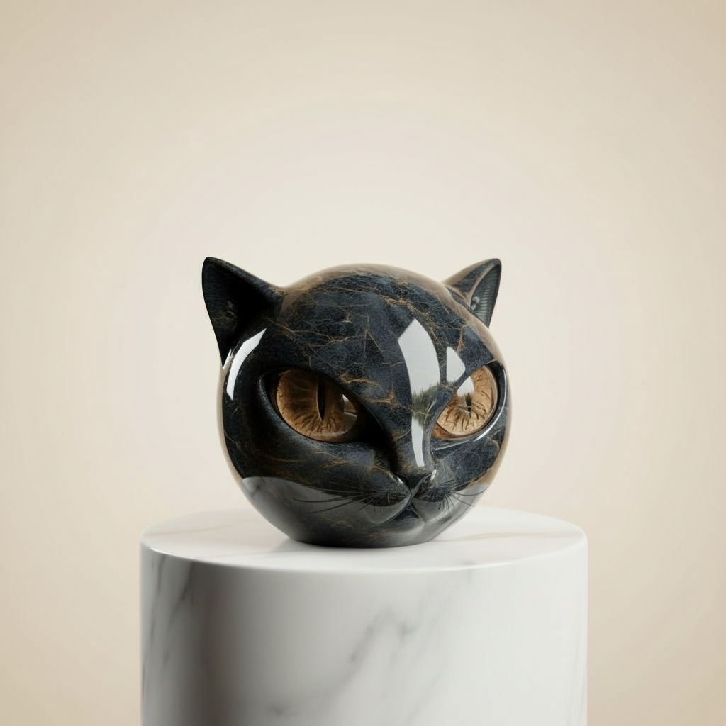 NoirCat Sculpture – Black Cat Head with Hypnotizing Eyes