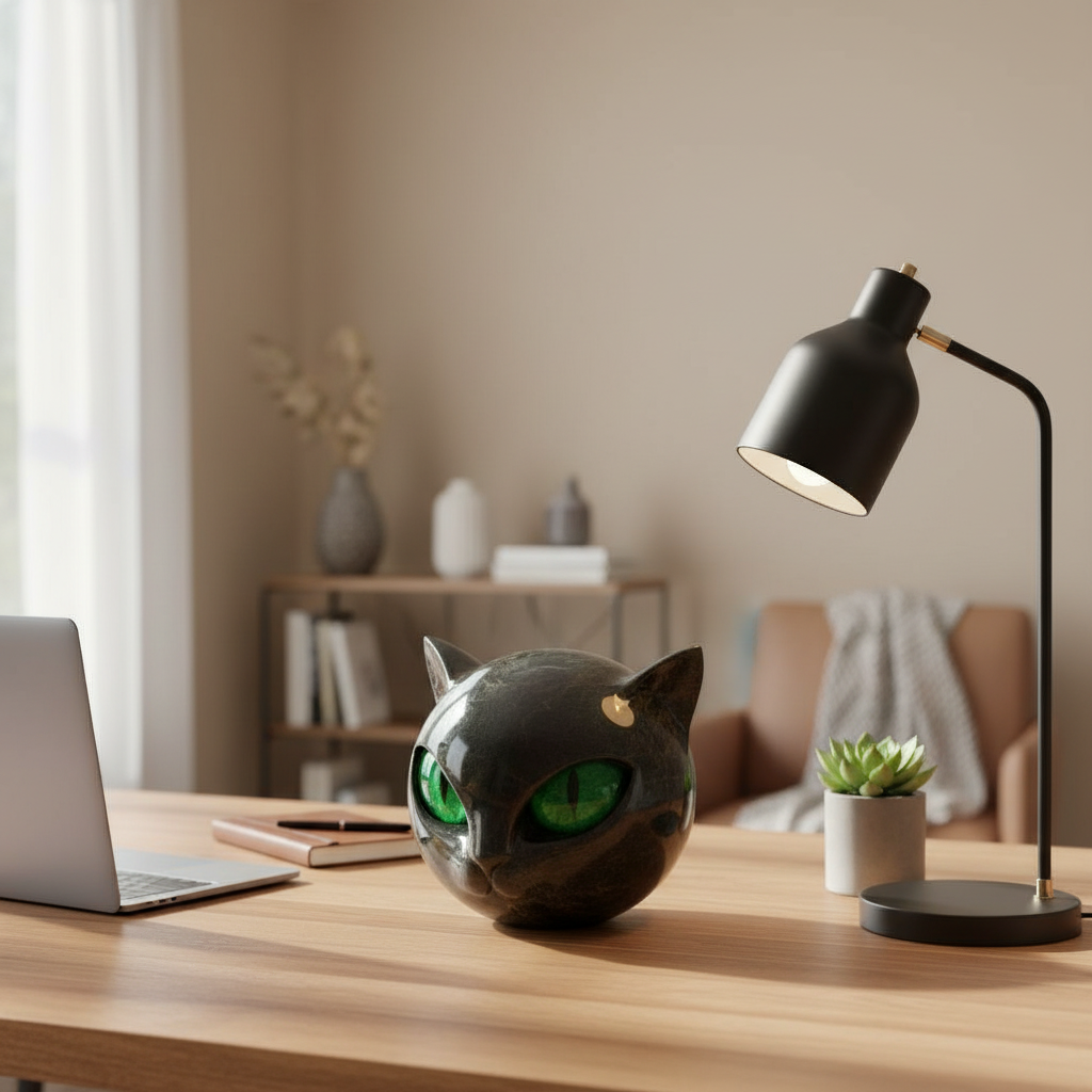 NoirCat Sculpture – Black Cat Head with Hypnotizing Eyes