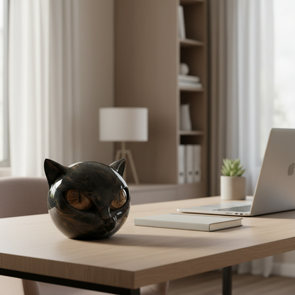 NoirCat Sculpture – Black Cat Head with Hypnotizing Eyes