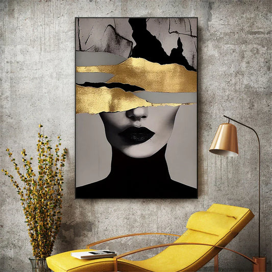 Golden Girl Fashion Canvas Art Print - Modern Abstract Portrait Decor