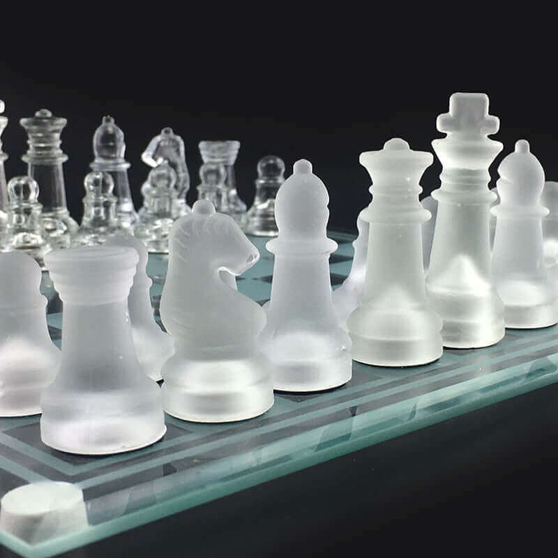 Glass Chess Set | Frosted Crystal Pieces with Chessboard