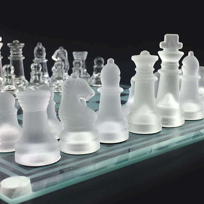 Glass Chess Set | Frosted Crystal Pieces with Chessboard