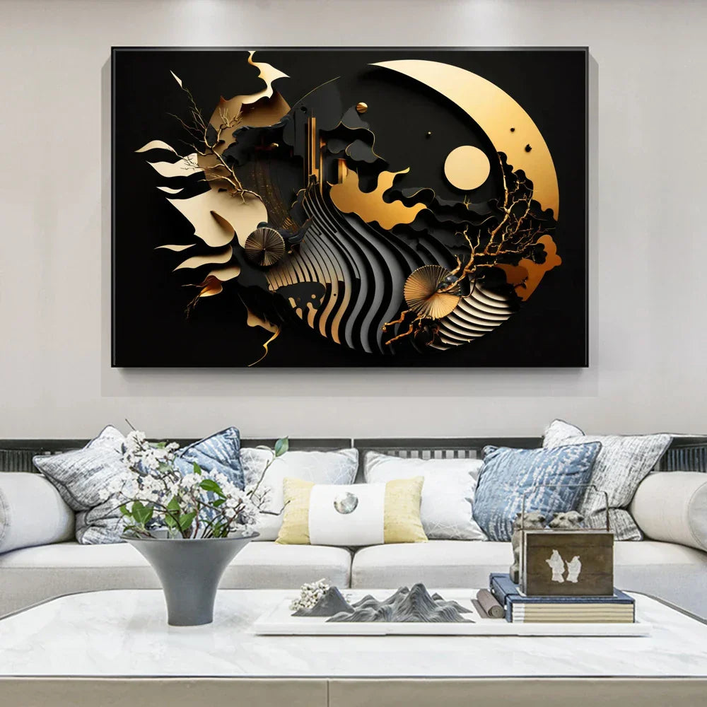 Modern Black & Gold Abstract Canvas Wall Art for Home Decor