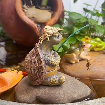 Playful Turtle Fishing Figurine Homeandso