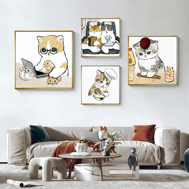 Whimsical Bird and Kitten Illustrated Wall Art Homeandso