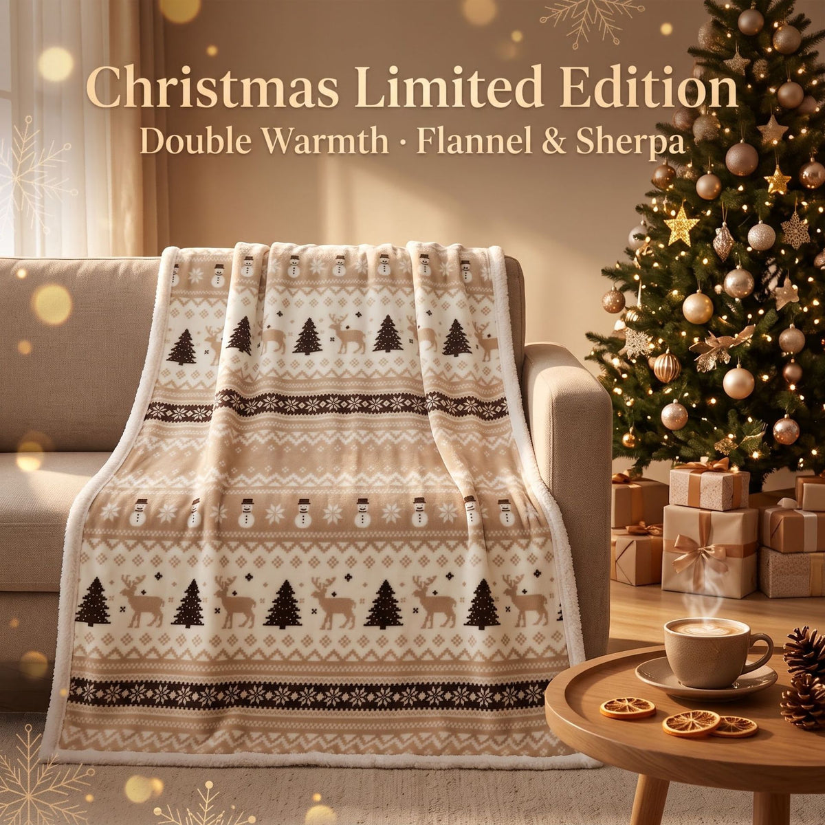 Christmas-Themed Flannel and Sherpa Blanket